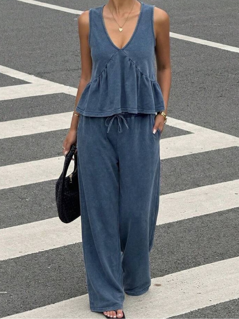 Casual Navy Blue Wide-Leg Jogger Pants & Matching Top